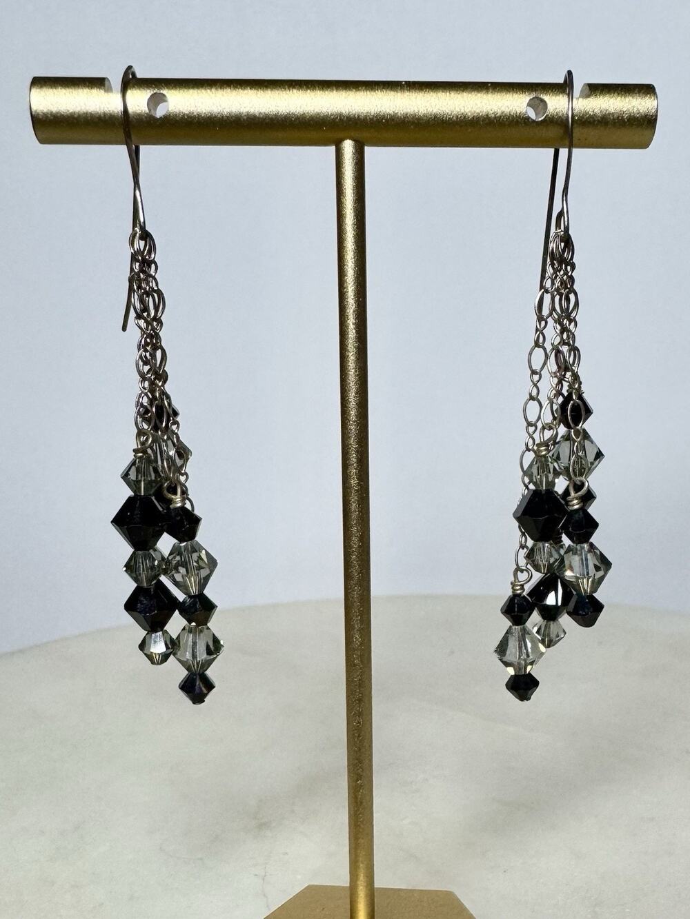 Sterling Silver 925 Dangle Drop Black & Clear Beaded Hook Earrings